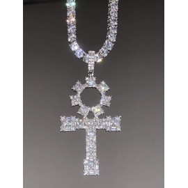 Mens 14k White Gold Finish 4mm Tennis Link Chain Choker Iced Out Baguette Ankh Cross Rappers Necklace Iced Prong Set Tennis Chain for Men, Tennis Stone Necklace (16" 18" 20" 22" 24" Chain) (20)