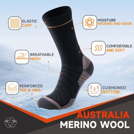 Merino Wool Hiking Crew Socks for Men & Women, Thermal Socks,Cushioned Anti-Blister, Breathable 3 Pairs(BLACK,XL)
