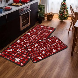 Red Buffalo Plaid Snowflake Christmas Kitchen Rugs and Mats Set of 2, Winter Home Decor Low-Profile Floor Mat Decorations for Home Kitchen 17"x47"+17"x30"