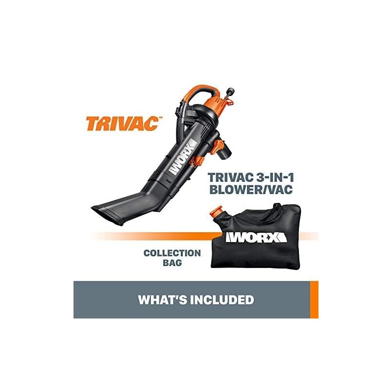WORX WG505 Trivac 12 Amp 3-in-1 Electric Leaf Blower/Leaf Vacuum/Mulcher,