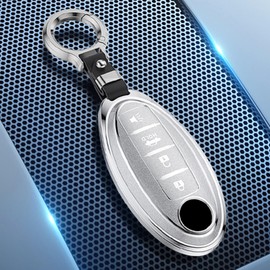 YUBOMT Key Fob Cover for Nissan Altima Rogue Sentra Titan Maxima Pathfinder 370z Murano 4 Buttons Aluminium Alloy Car Key Case with Key Ring,Silver