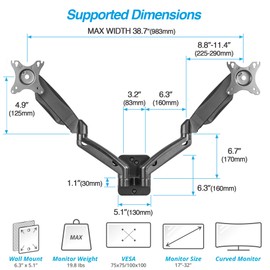 AVLT Dual 17"-32" Monitor Wall Mount fits Two 19.8 lbs Flat/Curved Computer Monitor Full Motion Height Swivel Tilt Rotation Adjustable Monitor Arm - VESA/Cable Management