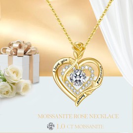 LAVUMO Moissanite Necklace Women's Silver 925 Rose Gold 1 Carat Moissanite Chain Double Heart Rose Pendant Christmas Valentine's Day Birthday Jewellery Gifts Women Girlfriend Mum, Sterling Silver, /