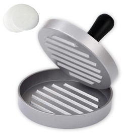 Burger press with 100 sheets of baking paper, hamburger press set made of cast aluminium for delicious hamburgers, patties, BBQ, burger pattie press, burger press with non-stick coating