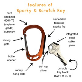 Outdoor Element - Sparky & Scratch Key - Fire Starting Carabiner with Embedded Ferro Rod and Blank Key with Integrated Striker and Hex Driver - Blank Keys Available in SC1 or KW1. (Silver KW1)