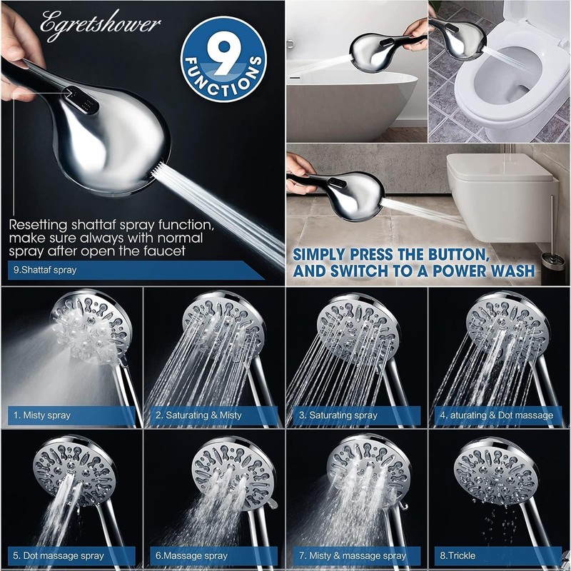 7.5" Dual Rotatable Shower Head with Handheld Combo, 9 Spray