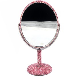 Bestbling Bling Bling 6-Inch Double-Sided Tabletop Makeup Mirror, Oval Metal Makeup Mirror with 1:2 Magnifying Mirror, Rotating Mirror for Vanity (Pink)