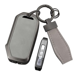 HIBEYO 3/4 Button Key Fob Cover Fit for Telluride Seltos Soul Forte GT EX Sportage Sorento Cerato NIRO Push Start Accessories Leather&Alloy Smart Remote Auto Key Protector-C Keychain Gray