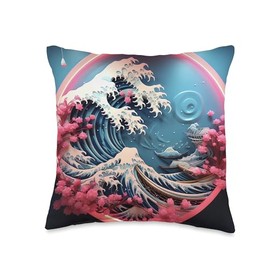 Wave Bloom Vibes Artistry Sakura Vibrant Colors Dreams Japanese's Wave Magic Throw Pillow, 16x16, Multicolor