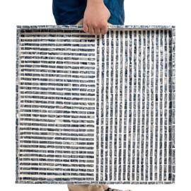 PEMAR Extra Large Square 20" Capiz Shell Ottoman Tray with Insert Handles, Oversized Decorative Luxury Wooden Serving Tray for Food, Coffee Table, Breakfast in Bed (Grey-White Stripes)