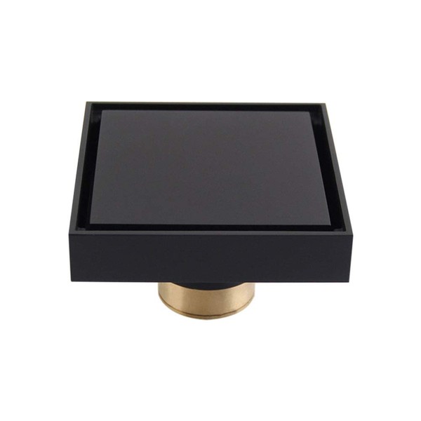 4 inch Solid Brass Square Shower Floor Drain with Tile Insert Grate Removable Cover Hair Catcher Strainer, Matte Black Plated Finish Anti Clogging and Odor
