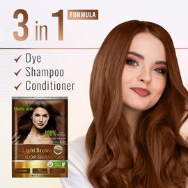 Herbishh Hair Color Shampoo for Gray Hair– Hair Dye Shampoo with Argan Hair Mask–Tamaño de viaje-Tiñe el cabello en minutos–Color de larga duración–10pack+1pack (Light Brown)