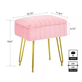 Redlife Vanity Stool Chair Faux Fur with Storage, Adjustable Soft Makeup Chair - Pink