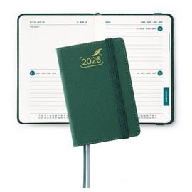 BEZEND Taschenkalender 2026 Klein A7 12 x 8 cm - 2 Tage pro Seite - Mini Terminplaner & Buchkalender 2026 mit PU-Leder Hardcover, Waldgrün