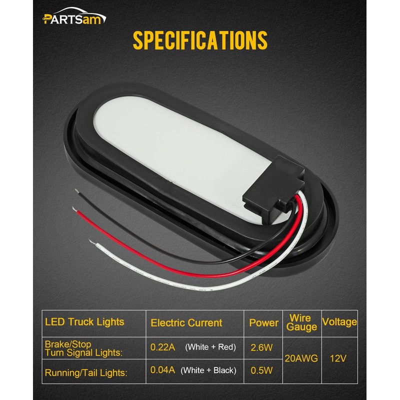 Partsam 2Pcs 6 Inch Oval Red Led Trailer Tail Lights
