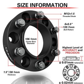 CKAuto 4 Pack 6x5.5 Hub Centric Wheel Spacers, 1.50" 6x139.7mm Wheel Spacers, 106.1mm Center Bore with M12x1.5 Studs