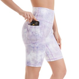 iniber - Pantalones cortos de motociclista para mujer, con bolsillos, cintura alta, entrenamiento, yoga, elastano, suave, atlético, para bicicleta, para correr, Púrpura, blanco, M