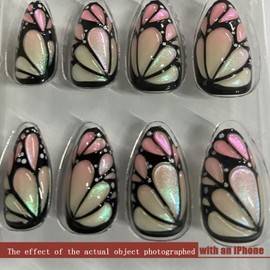 Press On Nails Medium Almond Butterfly Wings 3D Embossed Gradient False Nails Black Curve Glossy Pink Gradient Acrylic False Nails 24pcs LL08