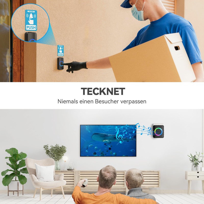 TECKNET Wireless Doorbell, Wireless Doorbell Set, 400 m Range, IP65