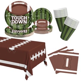 Jollyzaar Football Paper Plates and Napkins and Cups Set 101 Count, Heavy Duty 10'' and 7'' Disposable Plates, Paper Cups and Tablecloth, Super Bowl Party Table Decorations Supplies, Serve 25