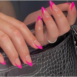 KQueenest 30 Pcs Hot Pink French Tip False Nails Short Medium Almond, French Tip False Nails Short Stiletto, Custom Thick Acrylic Fake Nails Set Natural Nude Gel Stick on Nail for Women Daily Wear