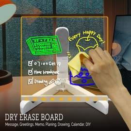 Acrylic Dry Erase Board with Light LED Note Board with Colors Message Memo Letter Erasable Board with Stand Glow Whiteboard with 7 Colors Pen for Home Office School (6"×6")