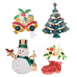 Supvox Christmas Rhinestone Brooches Set of 4 (Fir Tree Bell Boots Snowman), Metal, Alloy
