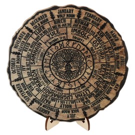 SEWACC Wooden Decorations Wicca Calendar Board Altar Calendar Vintage Handmade 2025 Desktop Decoration Wicca Wheel Tree of Life Wall Art Pagan