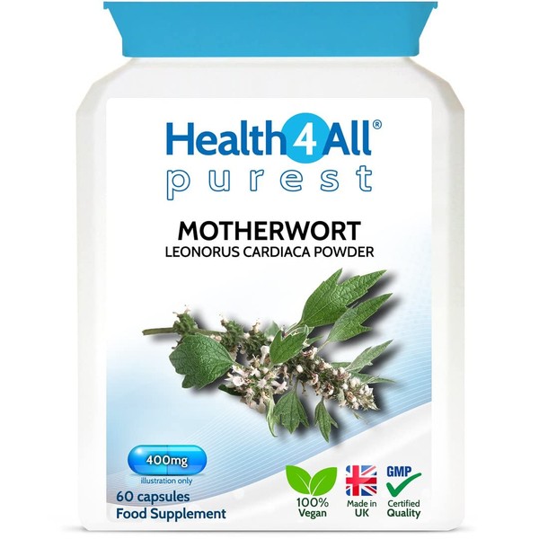 Health4All Motherwort 400mg 60 Capsules (V) (not Tablets) Purest- no additives. Vegan Capsules for Anxiety, Stress, Heart Health