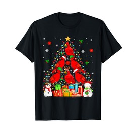 Group Santa Reindeer Elf Cardinal Birds As Xmas Tree Snowmen T-Shirt