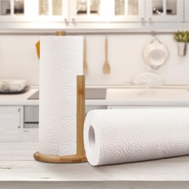 Relaxdays Standing Kitchen Roll Holder Bamboo Roll Holder with Roll Stop, H x D: 28 x 14.5 cm, Natural