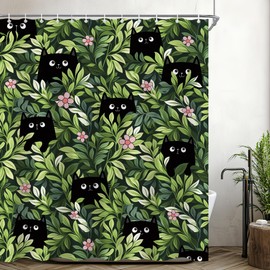CINEKER Boho Cute Black Cat Shower Curtain Sets for Bathroom 60Wx72H Funny Cat Flowers Pretty Women Shower Curtain Bohemia Plant Kawaii Polyester Bathtub Curtain Botanical Bathroom Decor with 12 Hooks