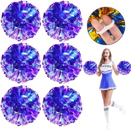 6 Pack Cheerleading Pom Poms, 12 Inches Plastic Ring Grip Cheer Pompoms, Holographic Metallic Colors Cheering Squad Hand Flowers for School Team Sports Games Spirit & Party Events (Purple)