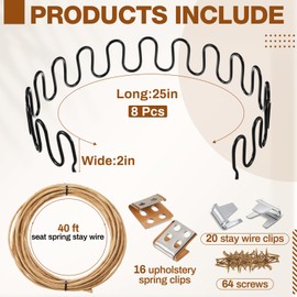 MorningRo 8 Pcs 25" Couch Upholstery Spring Repair Replacement Kit - 8 Heavy-Duty Springs, 16 Spring Clips, 64 Nails, 40ft Steel Stay Wire for Fixing Sagging Cushions in Sofa Recliner Chair