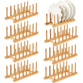 Yinkin 8 Pcs Bamboo Wooden Plate Rack Dish Drying Rack Wood Pot Lid Holder Stand Kitchen Cabinet Organizer for Bowl Cup Cutting Board