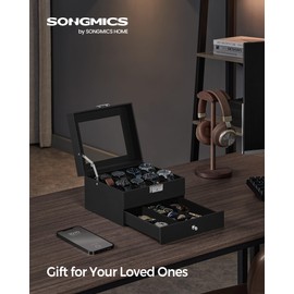 SONGMICS 8-Slot Watch Box, Christmas Gifts, Lockable Watch Case with Glass Lid, 2 Layers, with 1 Drawer for Rings, Bracelets, Gift Idea, Black Synthetic Leather, Black Lining UJWB080B01