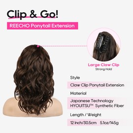 REECHO Ponytail Extension, 12" Claw Clip Ponytail Extension Short Ponytails Hair Extensions Jaw Clip on Pony Tails Natural Synthetic Hairpiece for Women Daily, Dark Chocolate Brown