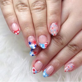 French Tip Press on Nails Short Almond Fake Nails 4th of July Press Ons Colorful Polka Dots Five-pointed Star False Nails Stiletto Glue on Nails Nude Pink Acrylic Nails for Independence Day Manicure