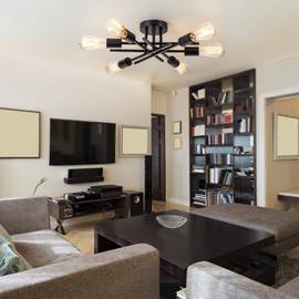 BrkNit Sputnik Chandeliers, Modern Semi Flush Mount Ceiling Light with E26 Base, Mid Century Industrial Kitchen Farmhouse Light Fixtures for Bedroom Living Room (Black, Ceiling 6 Lights)