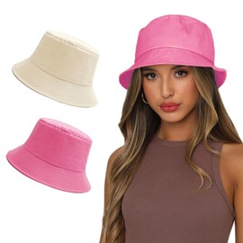 Sydbecs Solid Color Bucket Hat for Women Men, Reversible Cotton Summer Sun Beach Fishing Cap(Beige HotPink)
