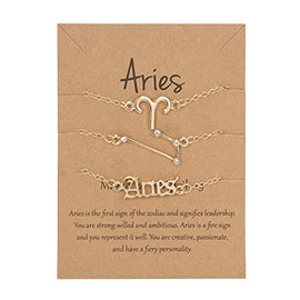 COLORFUL BLING 3 Pcs 12 Constellation Horoscope Bracelet Set 18K Gold Plated Crystal Zodiac Sign Layered Bracelets with Exquisite Letter Astrology Horoscope Card for Women Birthday Jewelry-Aries