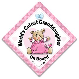 World's Cutest Granddaughter On Board Car Sign, Baby on Board Sign, Advisory Suction Cup Car Sign to Let Other Road Users Baby is in The Car, 14 cm x 14cm x 2cm