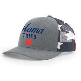 Trenz Shirt Compant Mama Tried Beer Logo Parody Mens Mesh Back Embroidered Trucker Hat, Heather Grey/American Flag