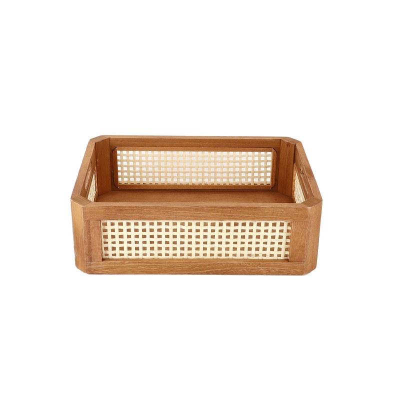 YAHUAN Pine Wood Bamboo Woven Frame Square Storage Basket Low