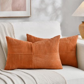Fancy Homi Burnt Orange Lumbar Decorative Throw Pillow Covers 12x20 Inch for Living Room Couch Bed Sofa, Farmhouse Boho Home Decor, Soft Striped Corduroy Rectangle Accent Cushion Case 30x50 cm