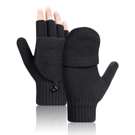 Kiiwah Fingerless Gloves Convertible Warm Knitted Half Finger Gloves with Flip Cover Suitable for Indoor and Outdoor Use Women Men, black