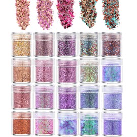 TEUVO Holographic Body Glitter, 20 Colors Cosmetic Glitter for Face, Eyes, Lips and Hairs, Hexagon Chunky Glitter with Different Sizes for Nail Art and DIY (Style A)