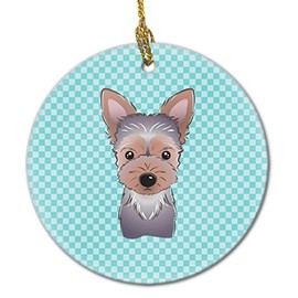 Checkerboard Blue Yorkie Puppy Ceramic Ornament BB1170CO1