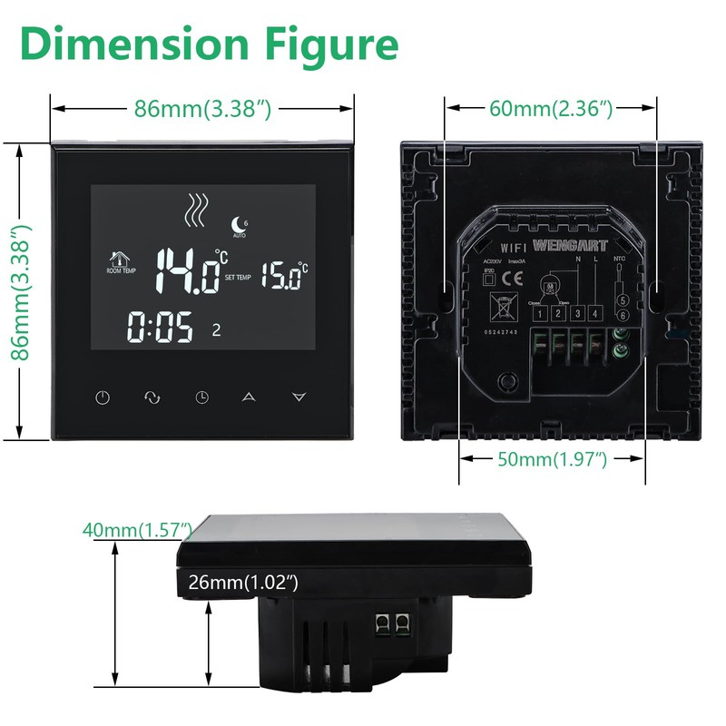 Wengart Home Thermostat Programmable WG03-4,AC230V Max3A Touch Screen LCD Display