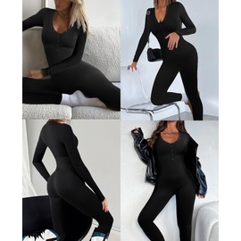 FeelinGirl Women's Stretch Long Sleeve Shaping Bodycon Jumpsuit Deep V-Neck Outfit Jumpsuits Seamless Ribbed Catsuit Black XS/S